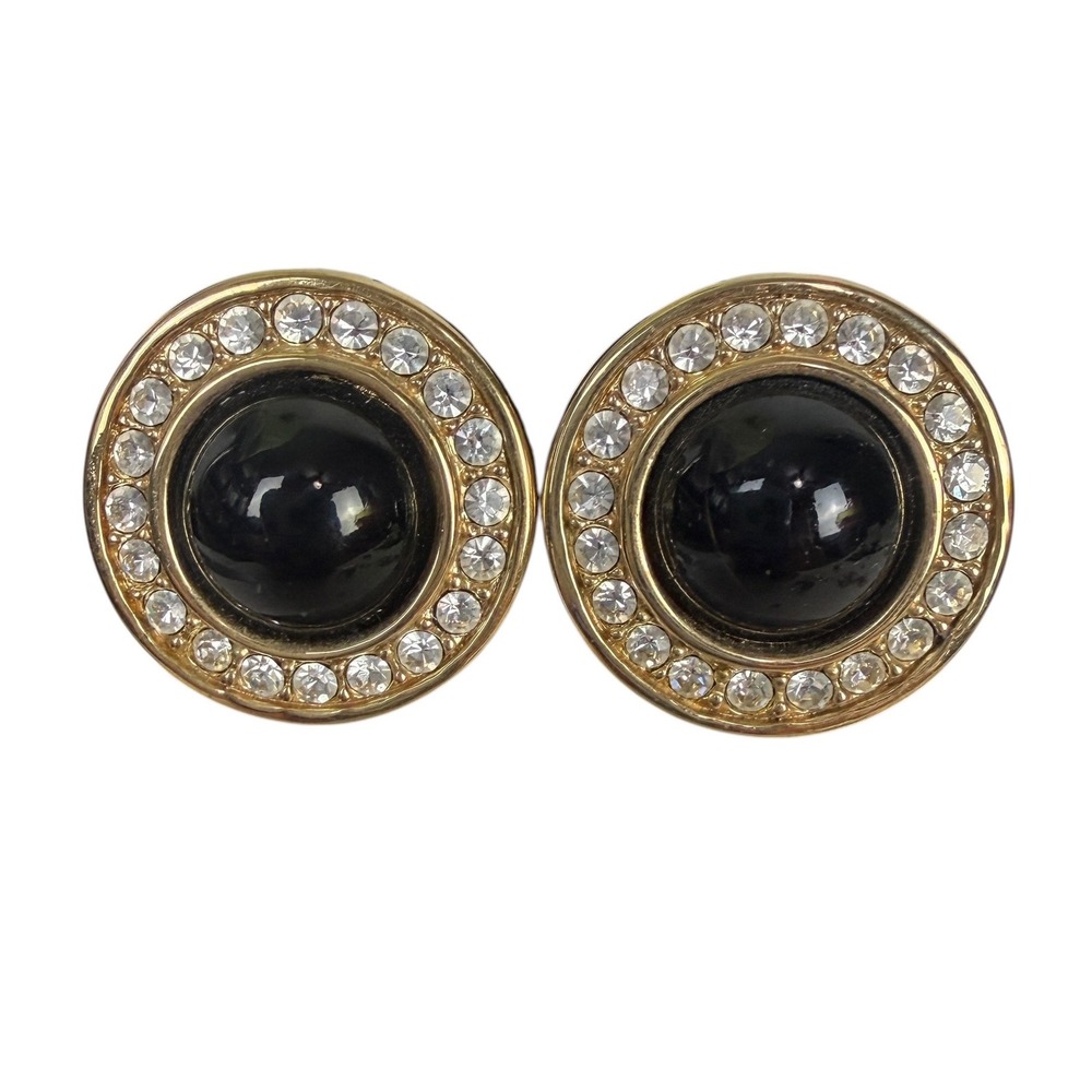 SAL Swarovski America Ltd Vintage Black Cabochon Gold Tone Crystal Halo Earrings